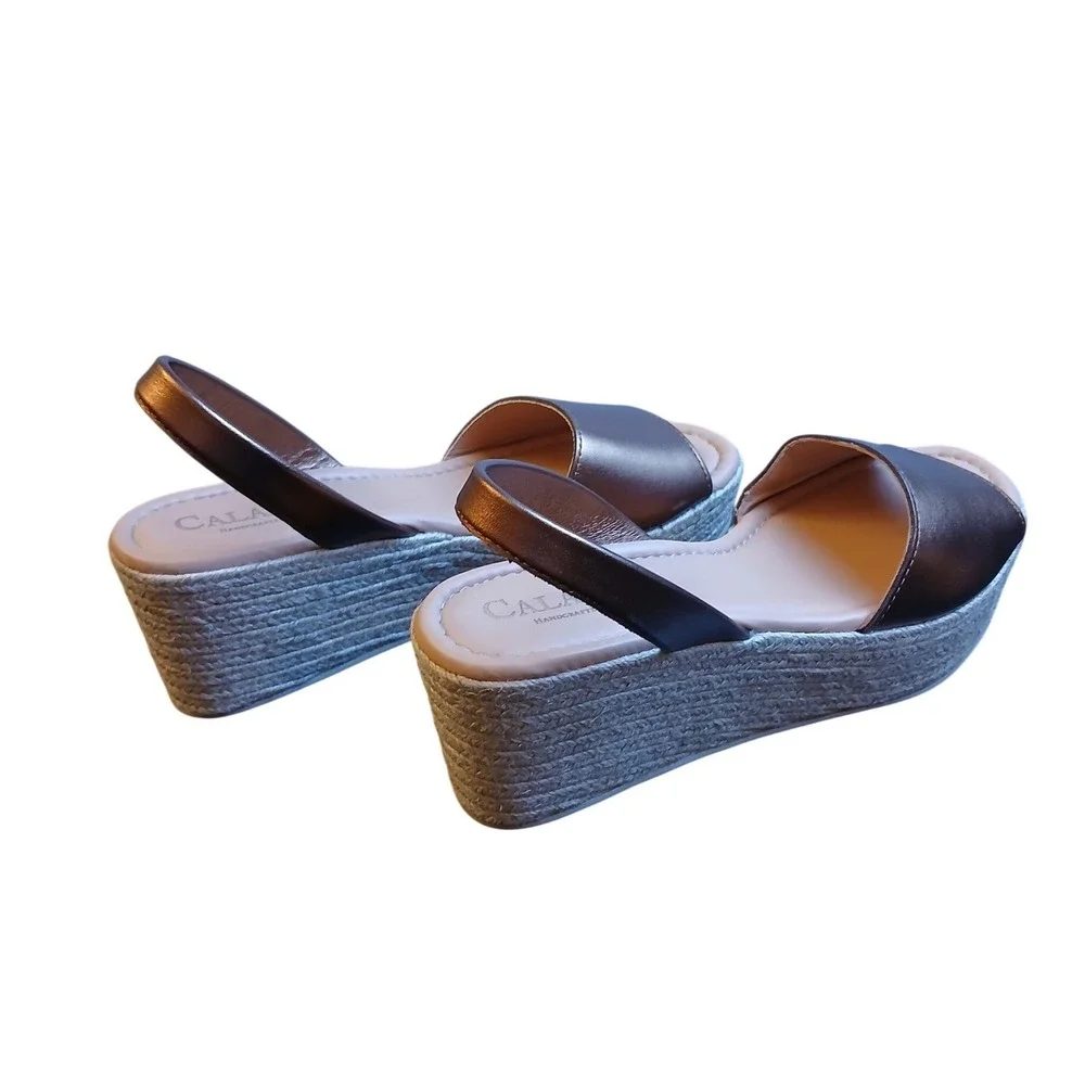 Calaxini Women Bronze Metallic Leather Espadrille Wedge Sandals EU 37 Made Spain